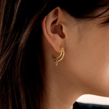 Crescent Moon Earring For women, Natural Labradorite beads stone 22k gold plated